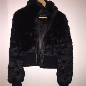 Guess bomber rabbit fur jacket with leather trim